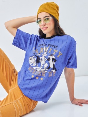 BEWAKOOF Printed, Typography Women Round Neck Blue T-Shirt