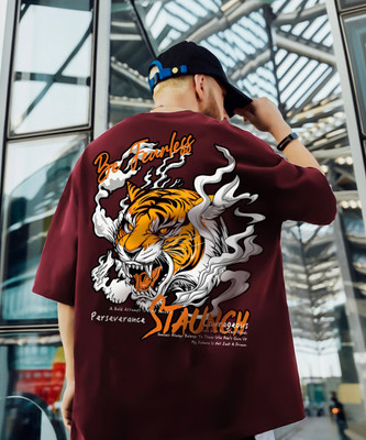 Jump Cuts Printed, Typography Men Round Neck Maroon T-Shirt