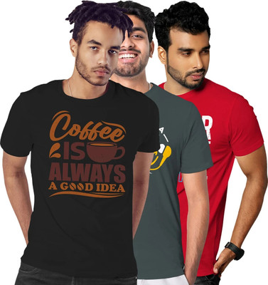 FADMARK Printed Men Round Neck Black, Grey, Red T-Shirt