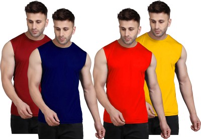 UDI n ADI Solid Men Round Neck Navy Blue, Maroon, Red, Yellow T-Shirt