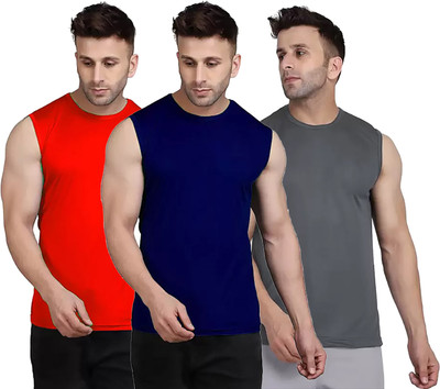Think Tech Solid Men Round Neck Red, Dark Blue, Grey T-Shirt