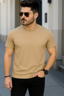 StyleThreads Solid Men Round Neck Beige T-Shirt