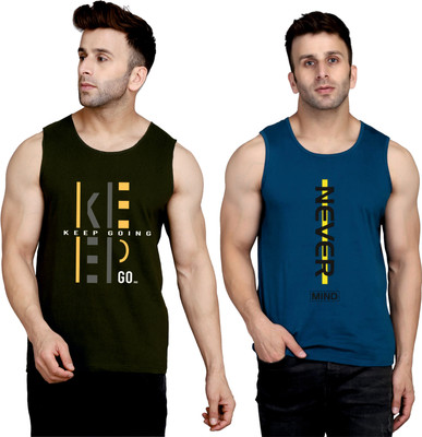 SLOWLORIS Printed Men Round Neck Dark Green, Navy Blue T-Shirt