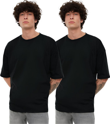 Peach Blossom Solid Men Round Neck Black T-Shirt
