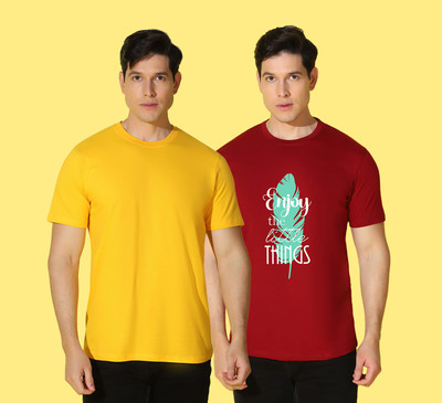 WOOSTRO Printed, Solid Men Round Neck Yellow, Red T-Shirt