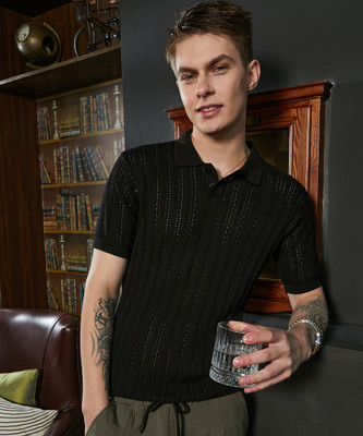 CAMPUS SUTRA Striped Men Polo Neck Black T-Shirt