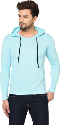 Tresna Trending Solid Men Hooded Neck Blue T-Shirt
