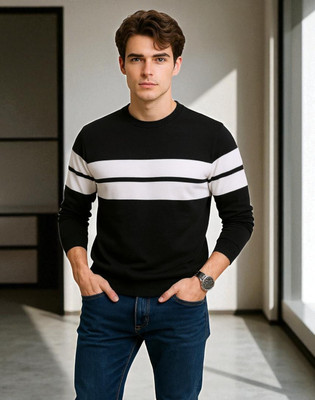 Autna Striped Men Round Neck Black T-Shirt
