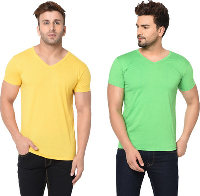 Moordale Fab Solid Men V Neck Yellow, Light Green T-Shirt