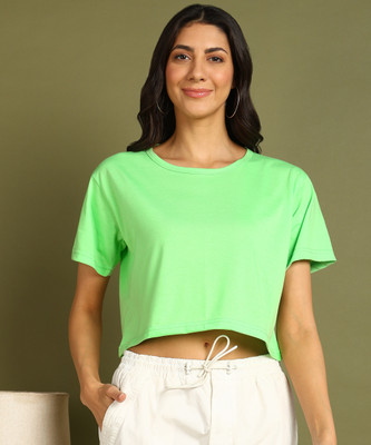 Moda Rapido Solid Women Round Neck Light Green T-Shirt