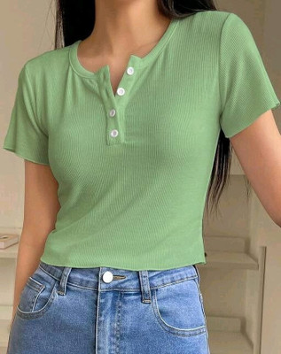 VDTREND Solid Women Round Neck Light Green T-Shirt