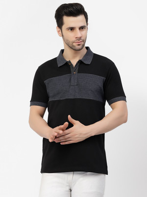 KALT Colorblock Men Polo Neck Black T-Shirt