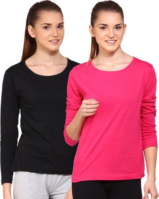 Ap'pulse Solid Women Round Neck Black, Pink T-Shirt