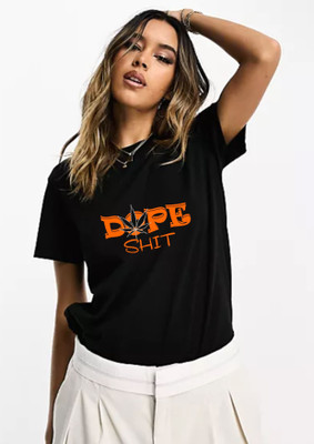 WOMENVY Printed Women Round Neck Black T-Shirt