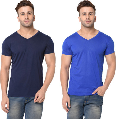 JB Jangoboy Solid Men V Neck Dark Blue, Blue T-Shirt