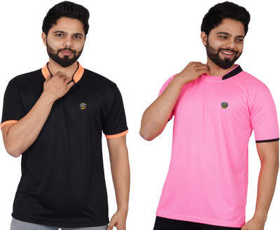 La Milano Printed Men Mandarin Collar Pink, Black T-Shirt