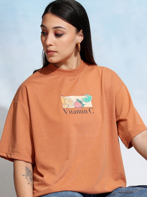 Tokyo Talkies Printed Women Round Neck Orange T-Shirt