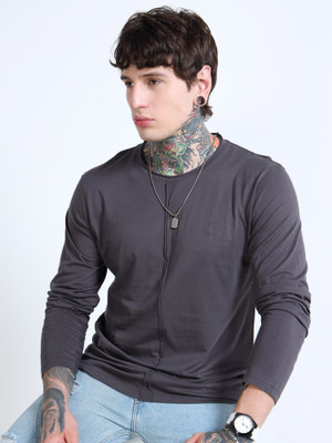 FROSEN FOX Self Design Men Round Neck Grey T-Shirt