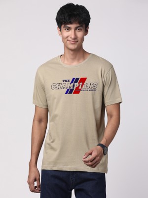 ADRO Printed Men Round Neck Beige T-Shirt