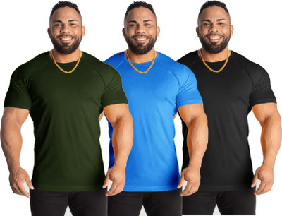 UDI n ADI Solid Men Round Neck Light Blue, Dark Green, Black T-Shirt