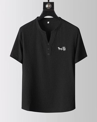 GELAI ENTERPRISE Self Design Men Mandarin Collar Black T-Shirt