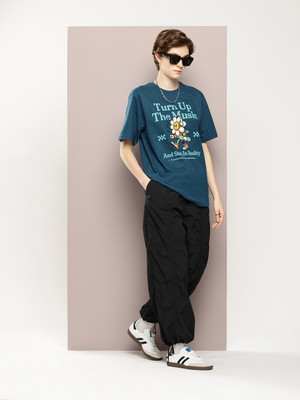 DILLINGER Printed Women Round Neck Navy Blue T-Shirt