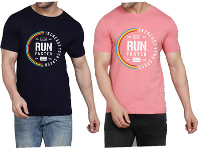 WOOSTRO Printed Men Round Neck Dark Blue, Pink T-Shirt