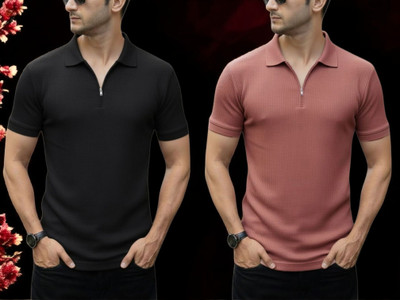 The Stanch Self Design Men Zip Neck Black, Pink T-Shirt