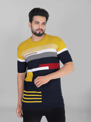 higglerr Striped Men Round Neck Yellow, Black T-Shirt