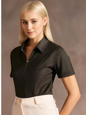 MACK JONNEY Self Design Women Polo Neck Black T-Shirt