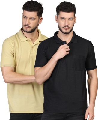 INKKR Solid Men Polo Neck Black, Beige T-Shirt