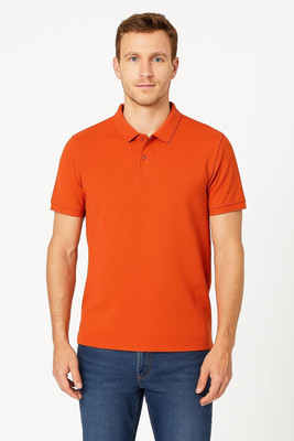 RF Raves Self Design Men Polo Neck Orange T-Shirt