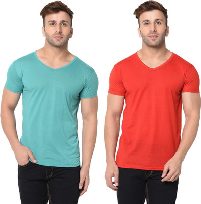 Tresna Fab Solid Men V Neck Red, Light Green T-Shirt