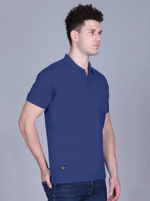 PROMOUNT Solid Men Polo Neck Blue T-Shirt