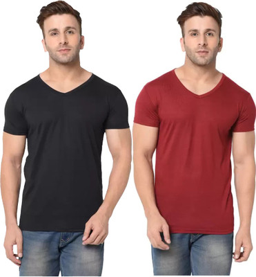 RLP Solid Men V Neck Black, Maroon T-Shirt