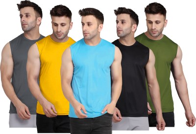 UDI n ADI Solid Men Round Neck Light Blue, Yellow, Grey, Black, Dark Green T-Shirt