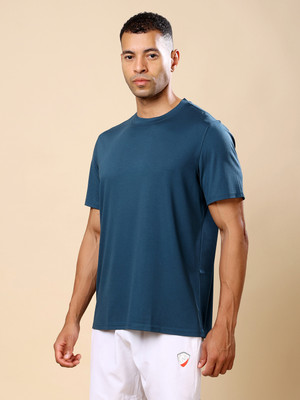 THEFITTHEORY Solid Men Round Neck Dark Blue T-Shirt