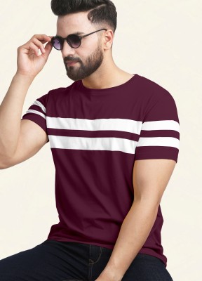 AUSK Striped Men Round Neck Purple, White T-Shirt