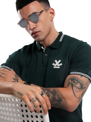 WROGN Solid Men Polo Neck Dark Green T-Shirt