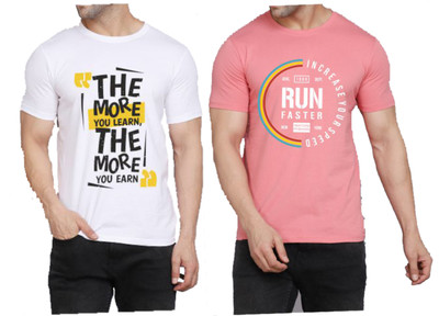 WOOSTRO Printed Men Round Neck White, Pink T-Shirt
