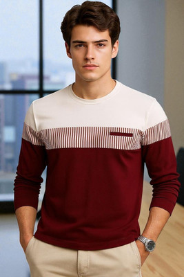 Autna Colorblock Men Round Neck Maroon T-Shirt
