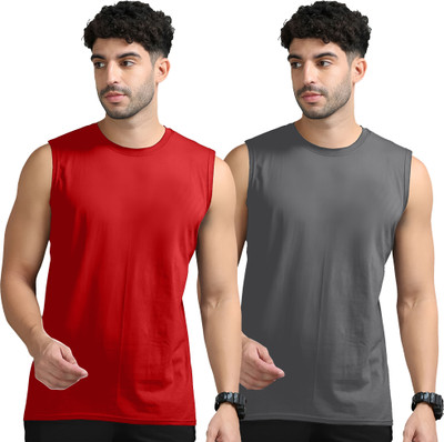 Adorbs Solid Men Round Neck Red, Grey T-Shirt