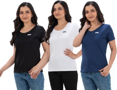 STYLE AK Solid Women Round Neck Black, White, Blue T-Shirt