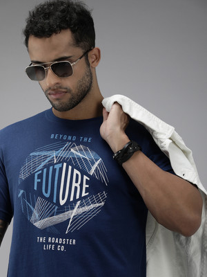 Roadster Printed, Typography Men Round Neck Navy Blue T-Shirt