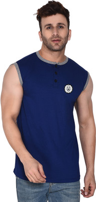 Money Leaf Printed Men Henley Neck Blue T-Shirt