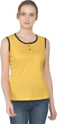 GEUM Solid Women Henley Neck Yellow T-Shirt