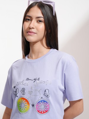 Tokyo Talkies Self Design Women Round Neck Purple T-Shirt