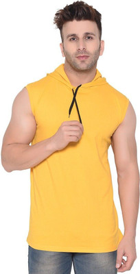 GEUM Solid Men Hooded Neck Yellow T-Shirt