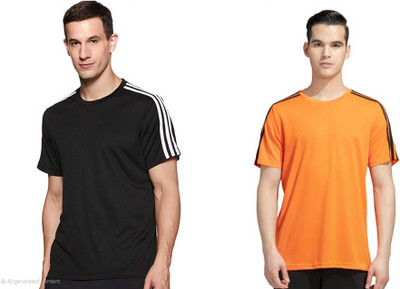 OctaBox Striped Men Round Neck Orange, Black T-Shirt