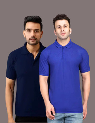URBANICE Solid Men Polo Neck Dark Blue, Navy Blue T-Shirt